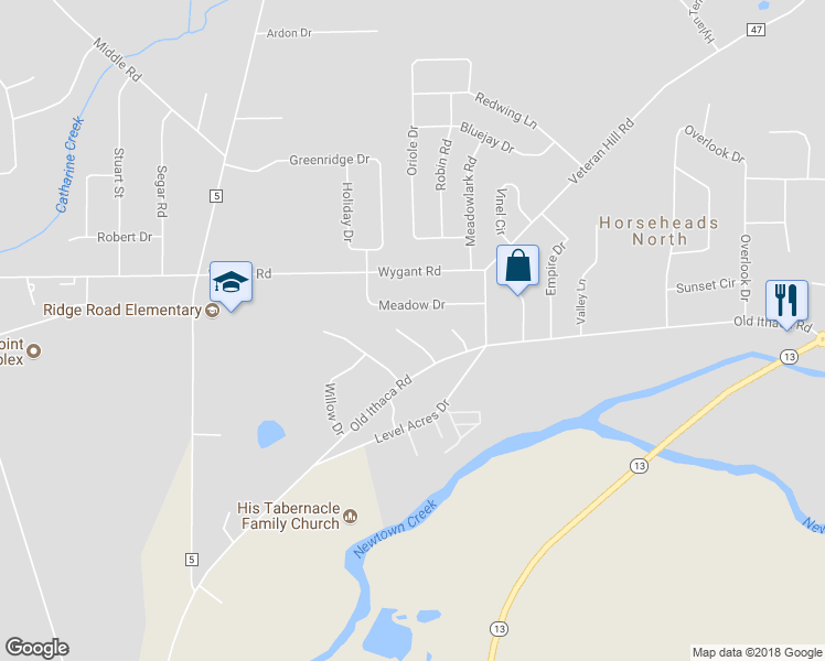 map of restaurants, bars, coffee shops, grocery stores, and more near 114 Woodview Drive in Horseheads