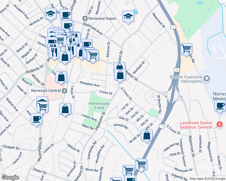 map of restaurants, bars, coffee shops, grocery stores, and more near 112 Cross Street in Norwood