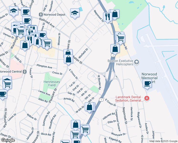 map of restaurants, bars, coffee shops, grocery stores, and more near 20 Queensboro Court in Norwood