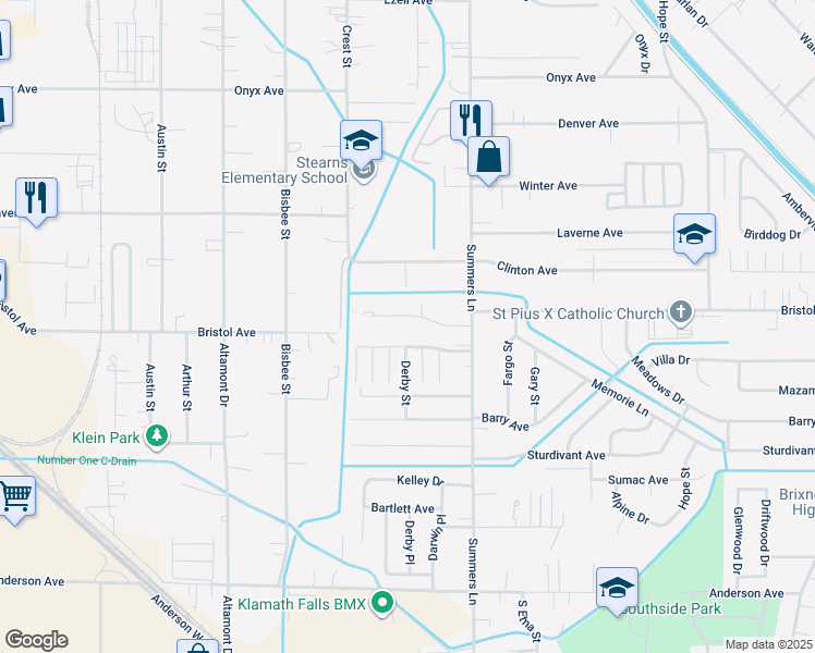 map of restaurants, bars, coffee shops, grocery stores, and more near 3940 Bristol Avenue in Klamath Falls