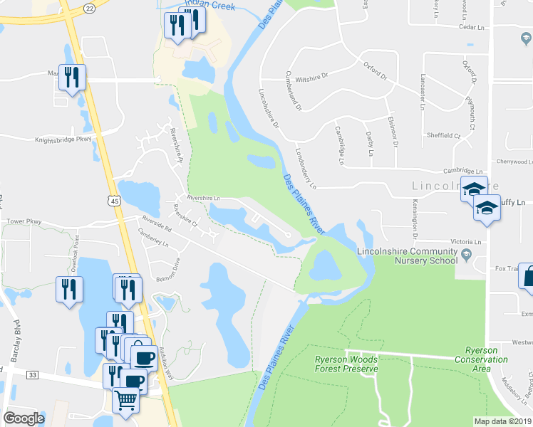 map of restaurants, bars, coffee shops, grocery stores, and more near 118 Rivershire Lane in Lincolnshire