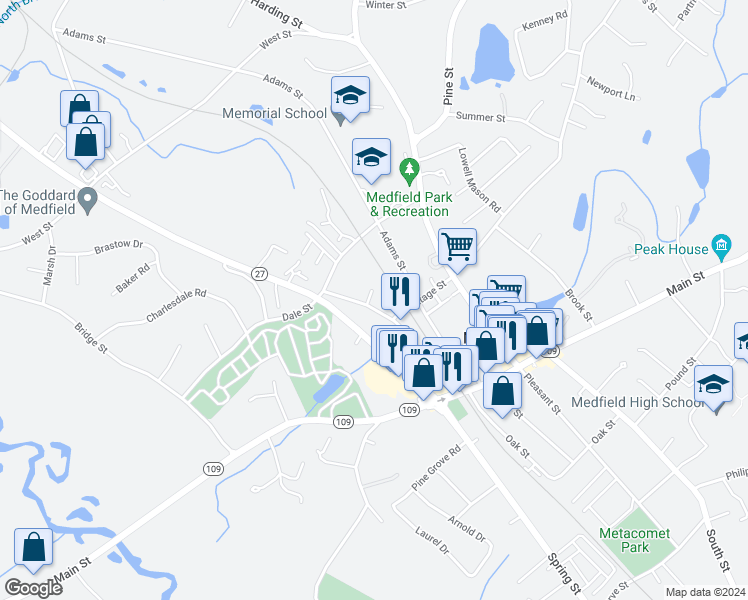 map of restaurants, bars, coffee shops, grocery stores, and more near 53 Frairy Street in Medfield