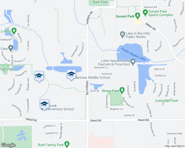 map of restaurants, bars, coffee shops, grocery stores, and more near 10599 Oxford Drive in Huntley