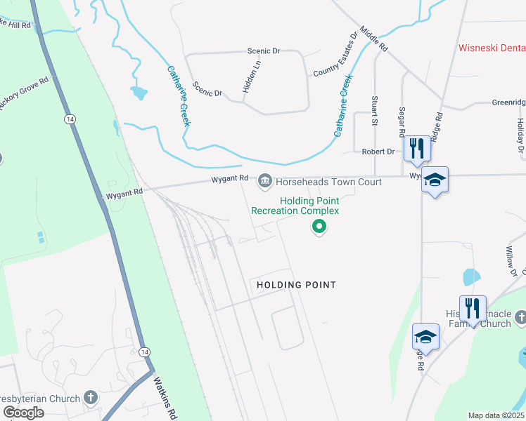 map of restaurants, bars, coffee shops, grocery stores, and more near 150 Wygant Road in Horseheads