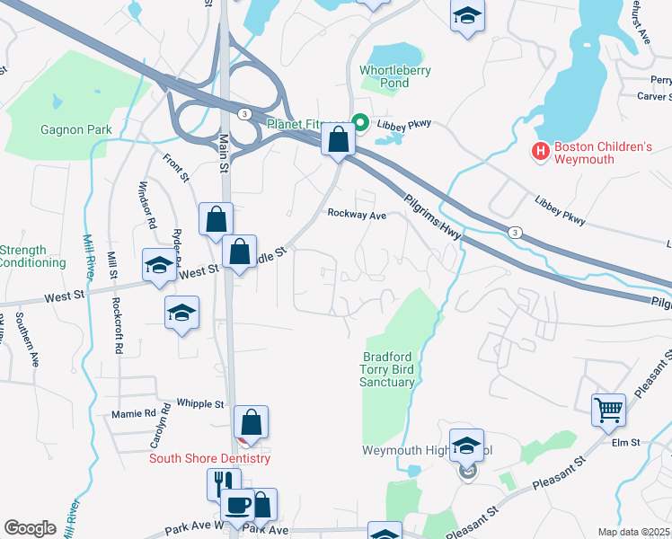 map of restaurants, bars, coffee shops, grocery stores, and more near 190 Mediterranean Drive in Weymouth