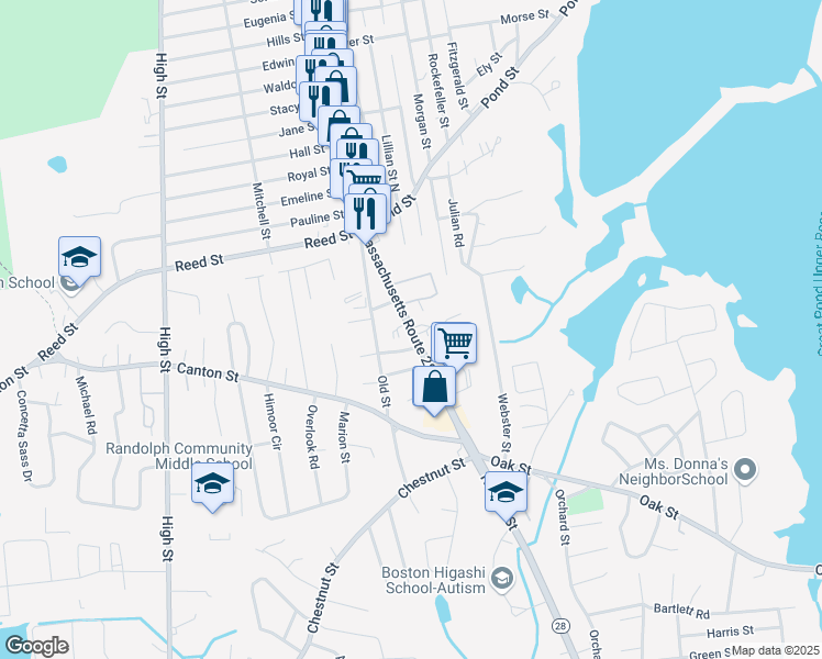 map of restaurants, bars, coffee shops, grocery stores, and more near 975 North Main Street in Randolph
