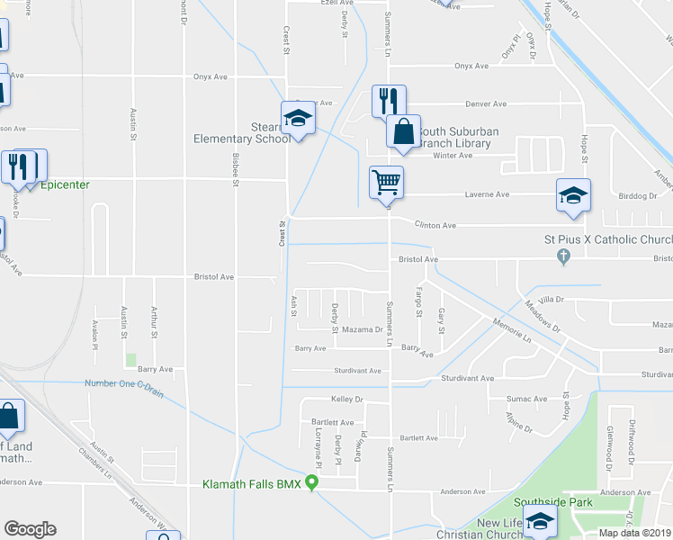 map of restaurants, bars, coffee shops, grocery stores, and more near 3940 Bristol Avenue in Klamath Falls