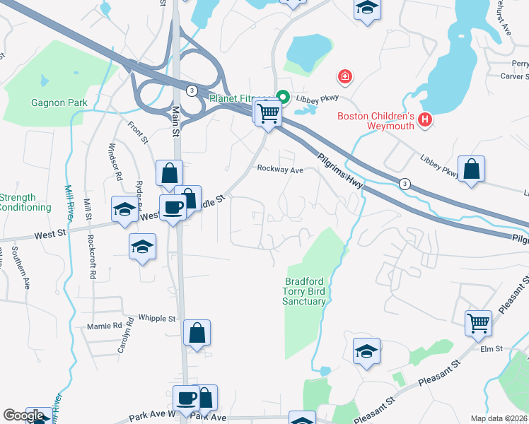 map of restaurants, bars, coffee shops, grocery stores, and more near 75 Donald Street in Weymouth