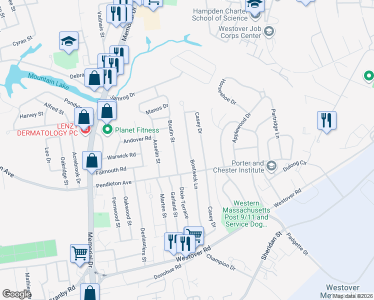 map of restaurants, bars, coffee shops, grocery stores, and more near 209 Bostwick Lane in Chicopee