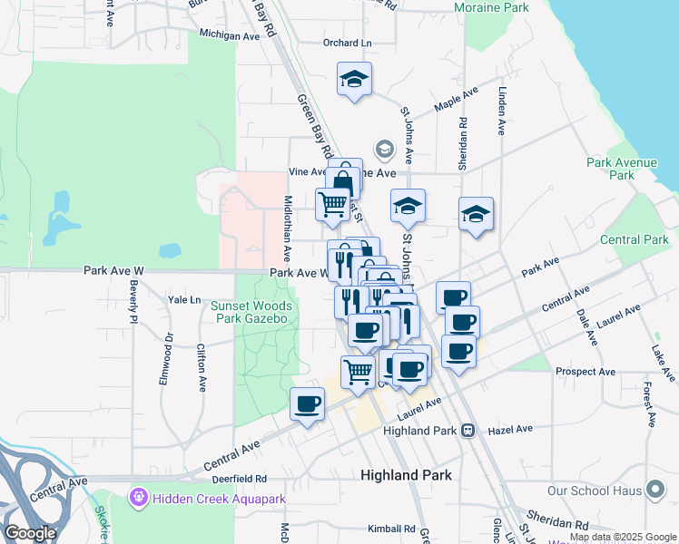 map of restaurants, bars, coffee shops, grocery stores, and more near in Highland Park