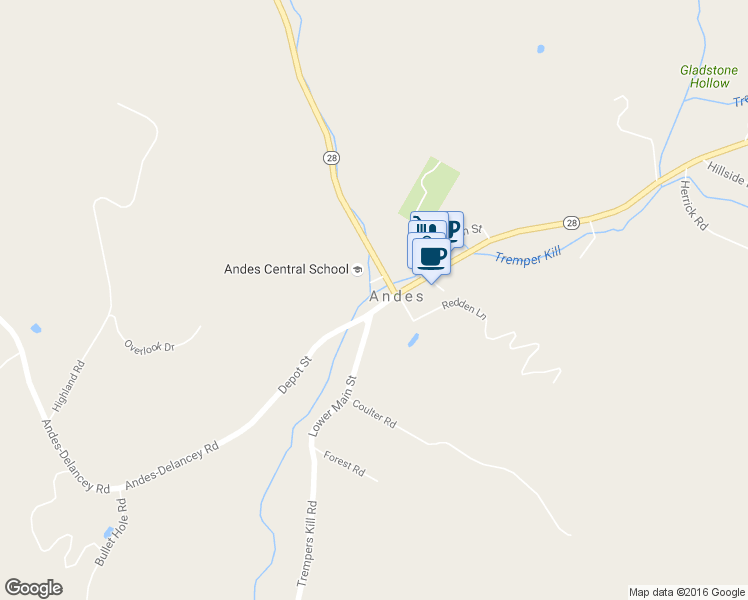 map of restaurants, bars, coffee shops, grocery stores, and more near 411 Lower Main St in Andes