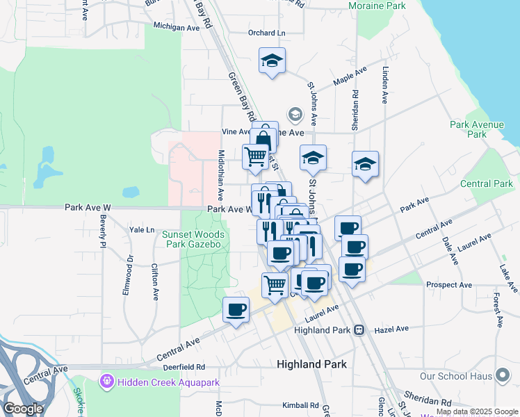 map of restaurants, bars, coffee shops, grocery stores, and more near in Highland Park
