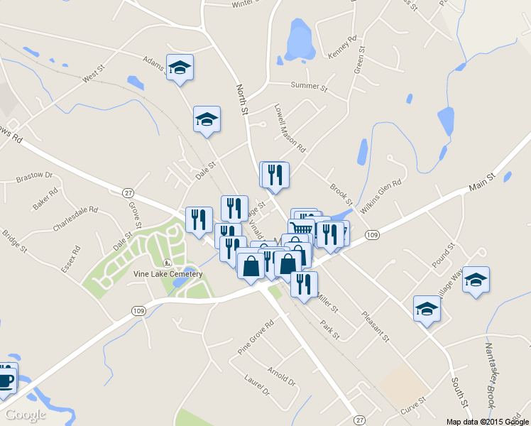 map of restaurants, bars, coffee shops, grocery stores, and more near 9 Mitchell Street in Medfield
