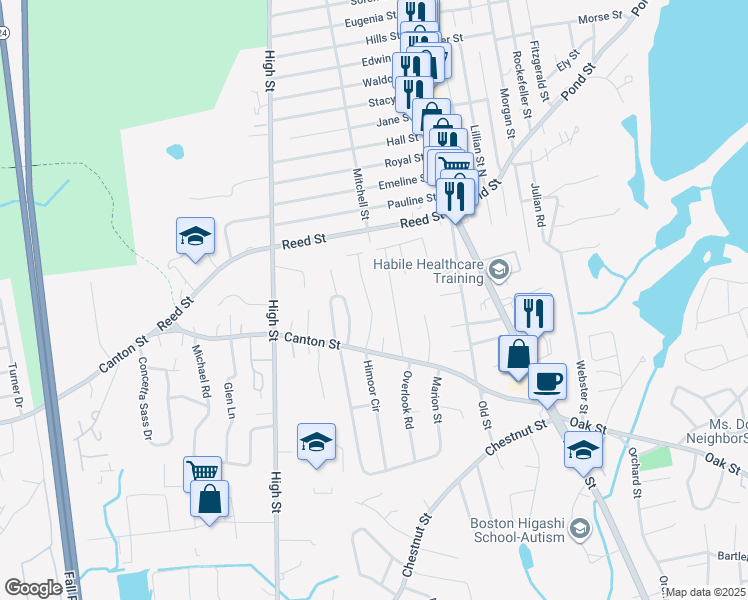 map of restaurants, bars, coffee shops, grocery stores, and more near 21 Old Farm Road in Randolph