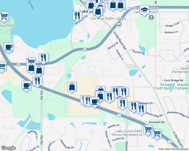 map of restaurants, bars, coffee shops, grocery stores, and more near 708 June Terrace in Lake Zurich