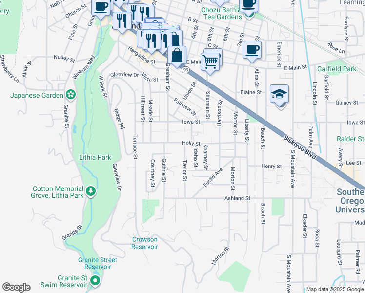 map of restaurants, bars, coffee shops, grocery stores, and more near 325 Taylor Street in Ashland