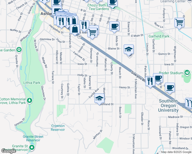 map of restaurants, bars, coffee shops, grocery stores, and more near 333 Harrison Street in Ashland
