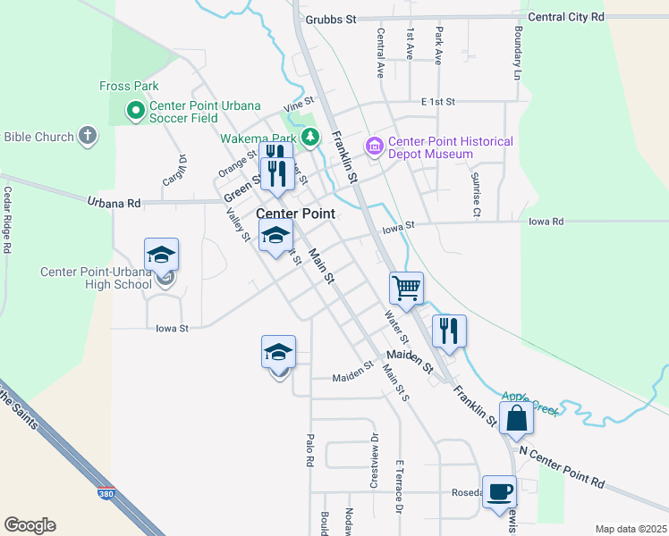 map of restaurants, bars, coffee shops, grocery stores, and more near 502 Main Street in Center Point