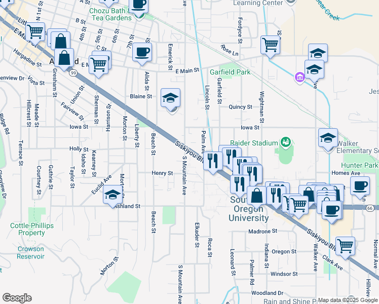 map of restaurants, bars, coffee shops, grocery stores, and more near 990 Siskiyou Boulevard in Ashland