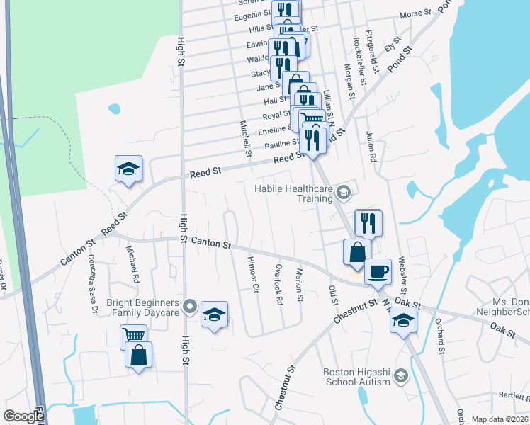 map of restaurants, bars, coffee shops, grocery stores, and more near 21 Old Farm Road in Randolph
