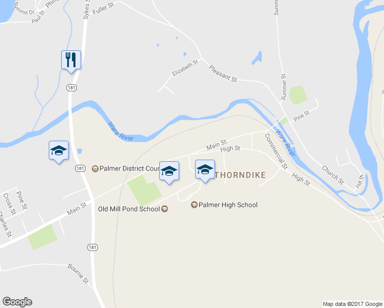 map of restaurants, bars, coffee shops, grocery stores, and more near 3194 High Street in Palmer