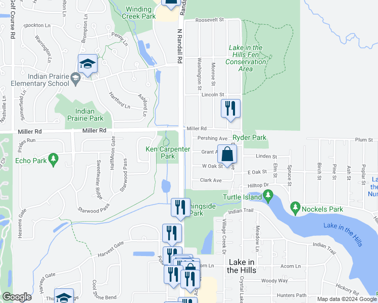 map of restaurants, bars, coffee shops, grocery stores, and more near 1205 Patton Avenue in Lake in the Hills