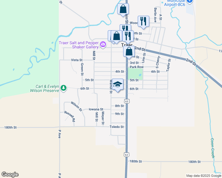 map of restaurants, bars, coffee shops, grocery stores, and more near 6th St in Traer