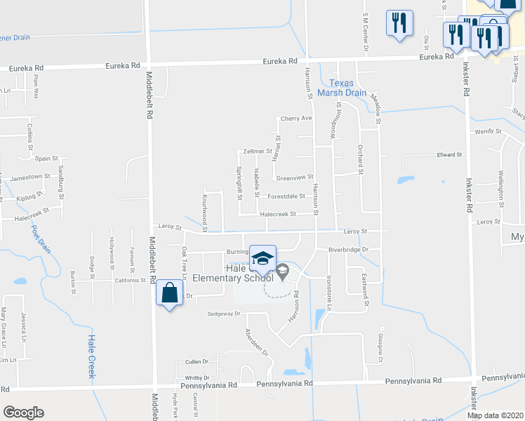 map of restaurants, bars, coffee shops, grocery stores, and more near 28722 Halecreek Street in Romulus