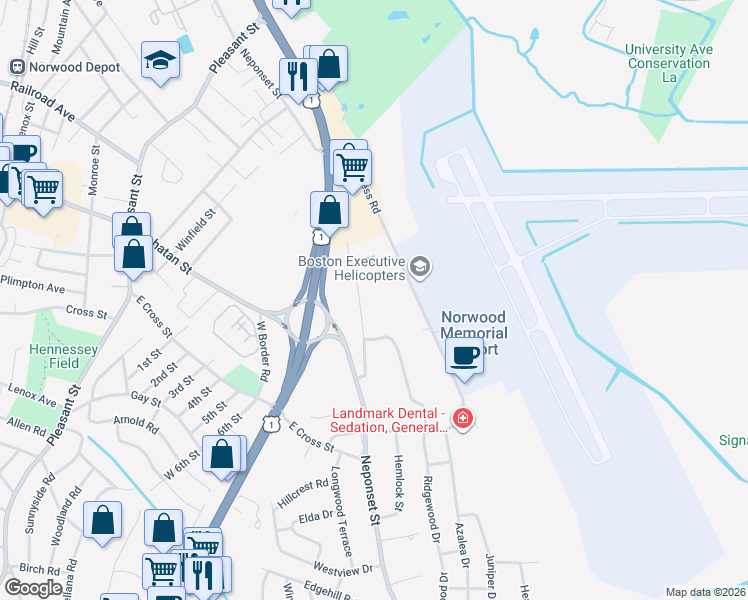 map of restaurants, bars, coffee shops, grocery stores, and more near 584 Neponset Street in Norwood
