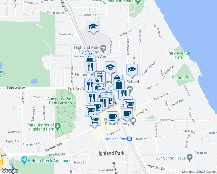 map of restaurants, bars, coffee shops, grocery stores, and more near 2008 Saint Johns Avenue in Highland Park