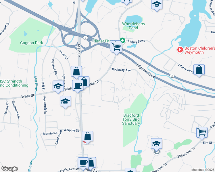 map of restaurants, bars, coffee shops, grocery stores, and more near 190 Mediterranean Drive in Weymouth