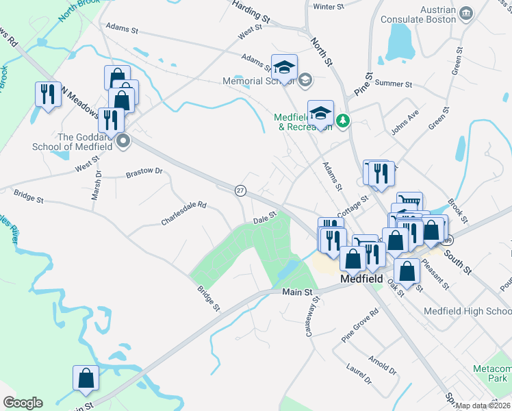 map of restaurants, bars, coffee shops, grocery stores, and more near 2 Lincoln Court in Medfield