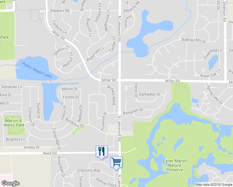 map of restaurants, bars, coffee shops, grocery stores, and more near 1060 Brittany Bend in Lake in the Hills