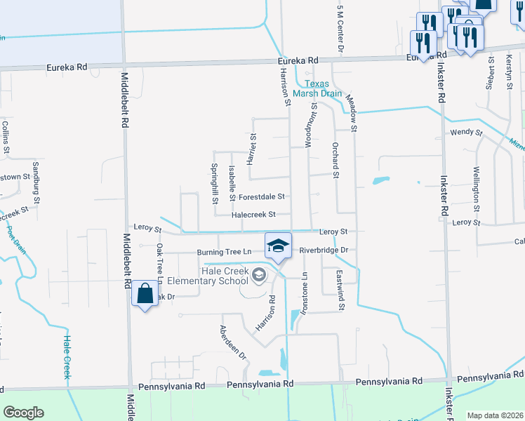 map of restaurants, bars, coffee shops, grocery stores, and more near 28496 Halecreek Street in Romulus