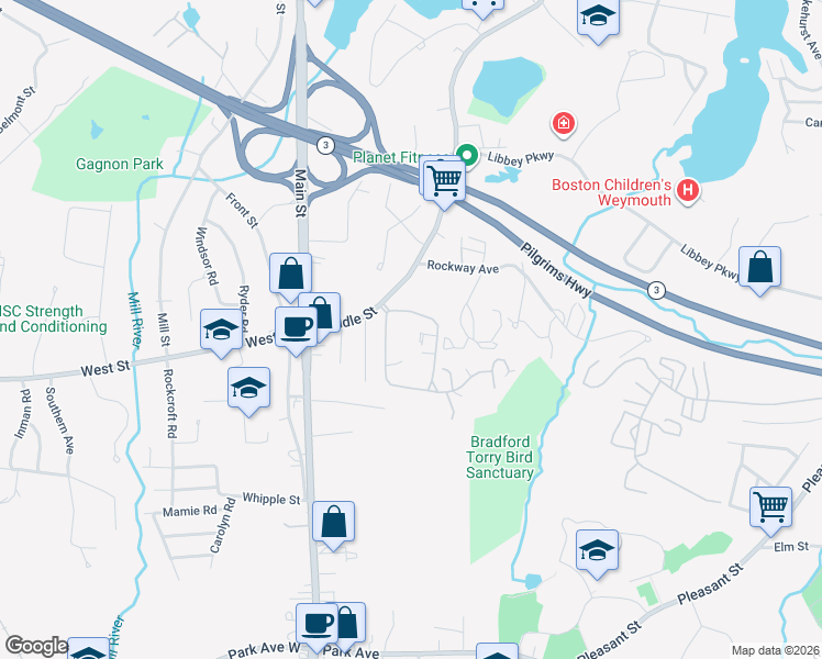 map of restaurants, bars, coffee shops, grocery stores, and more near 190 Mediterranean Drive in Weymouth