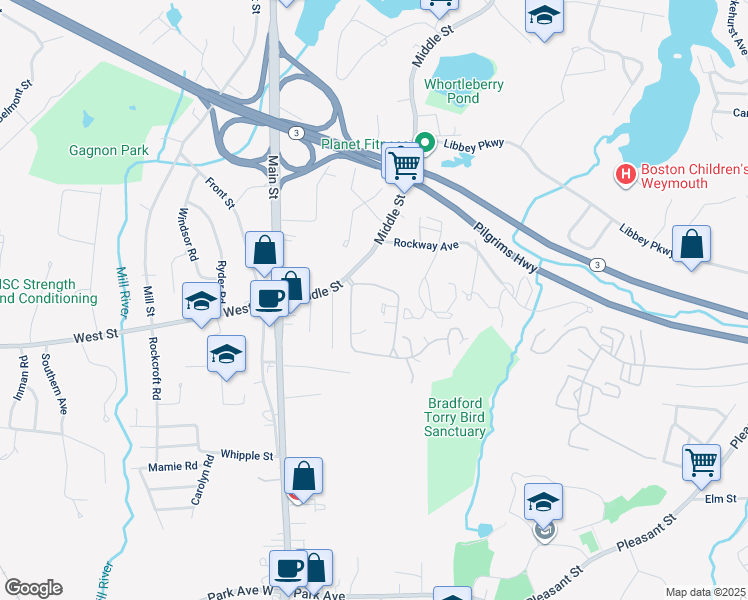 map of restaurants, bars, coffee shops, grocery stores, and more near 190 Mediterranean Drive in Weymouth