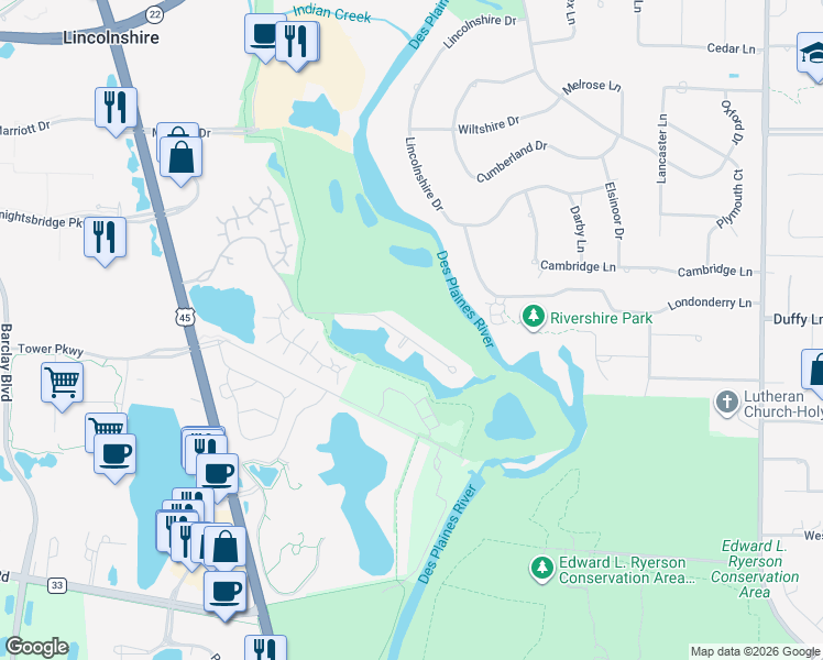map of restaurants, bars, coffee shops, grocery stores, and more near 118 Rivershire Lane in Lincolnshire