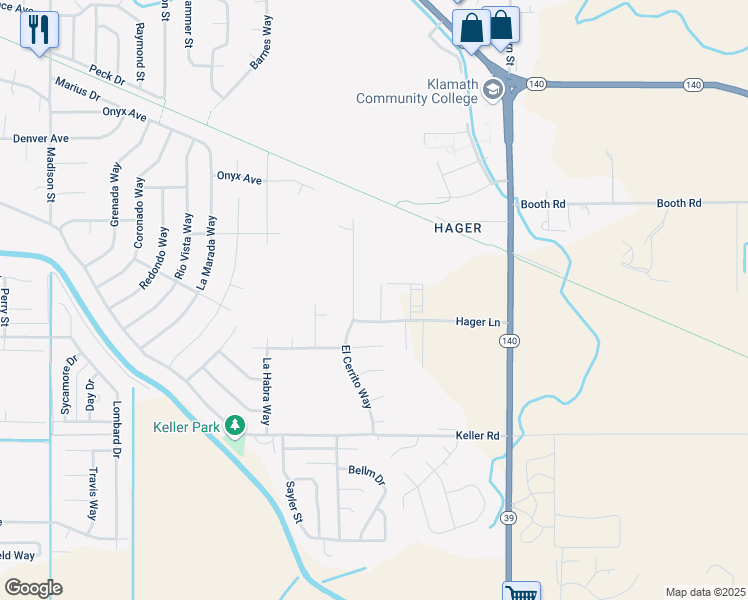 map of restaurants, bars, coffee shops, grocery stores, and more near 4248 Mels Pl in Klamath Falls