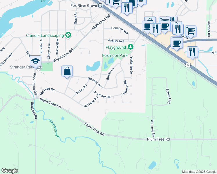 map of restaurants, bars, coffee shops, grocery stores, and more near 465 Hunters Way in Fox River Grove