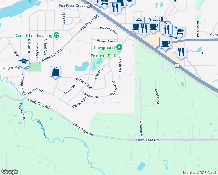 map of restaurants, bars, coffee shops, grocery stores, and more near 442 Hunters Way in Fox River Grove