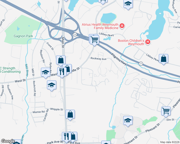 map of restaurants, bars, coffee shops, grocery stores, and more near 170 Mediterranean Drive in Weymouth