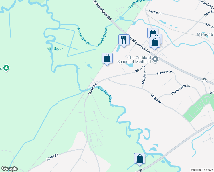 map of restaurants, bars, coffee shops, grocery stores, and more near 92 Bridge Street in Medfield