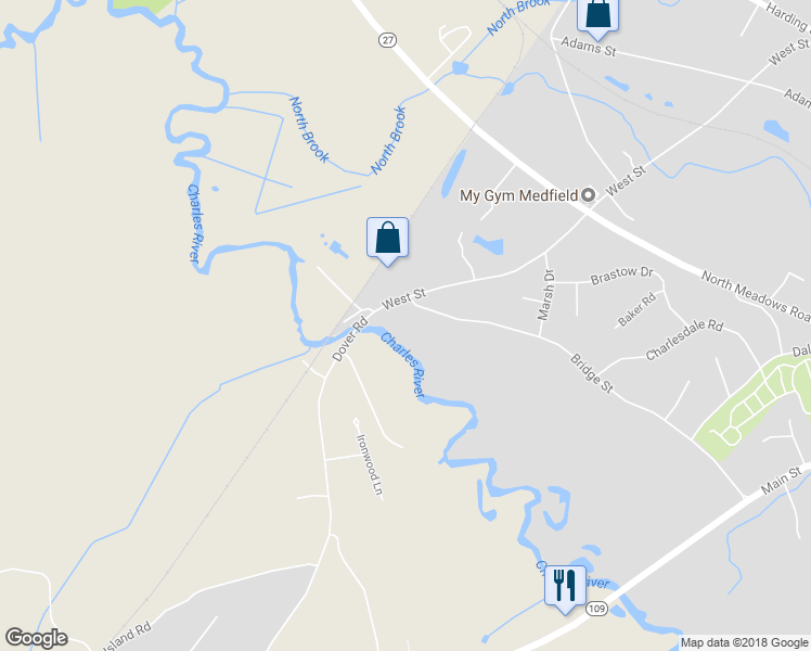 map of restaurants, bars, coffee shops, grocery stores, and more near 92 Bridge Street in Medfield