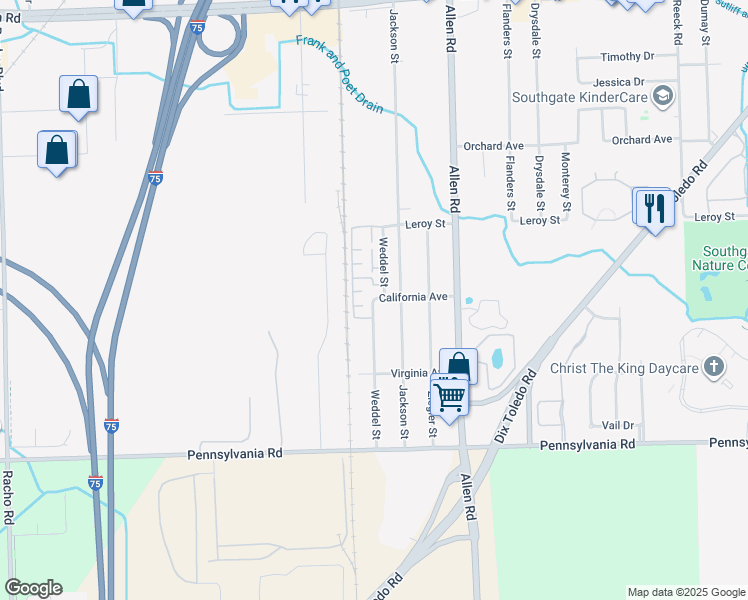 map of restaurants, bars, coffee shops, grocery stores, and more near 16300 Weddel Street in Taylor