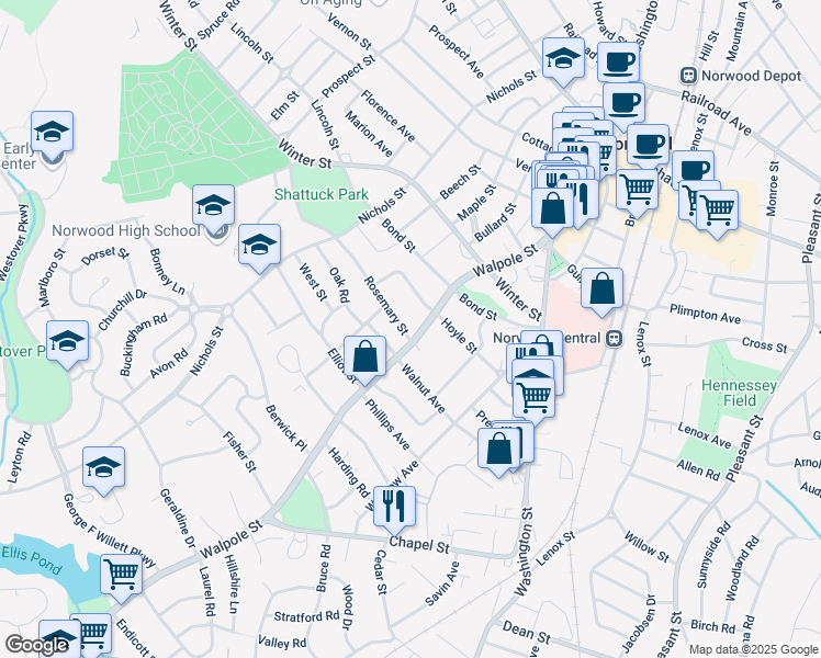 map of restaurants, bars, coffee shops, grocery stores, and more near 121 Walpole Street in Norwood