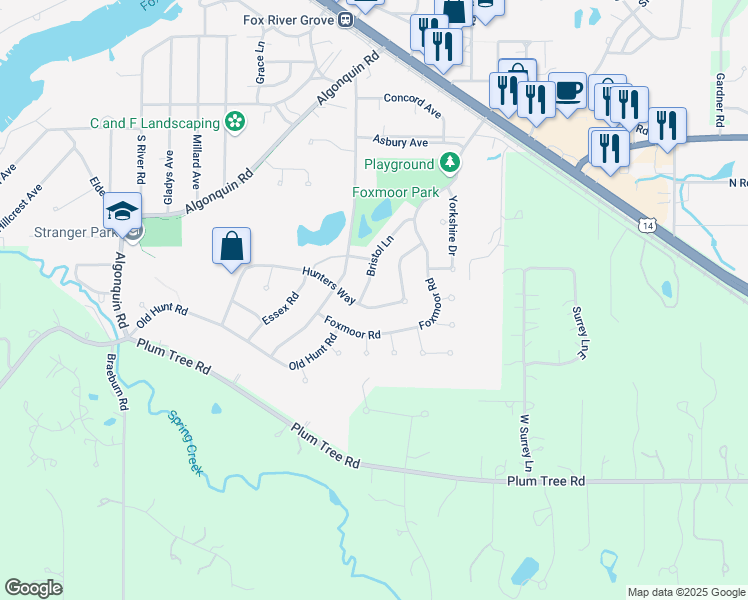 map of restaurants, bars, coffee shops, grocery stores, and more near 465 Hunters Way in Fox River Grove