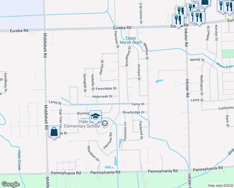 map of restaurants, bars, coffee shops, grocery stores, and more near 15846 Harrison Street in Romulus