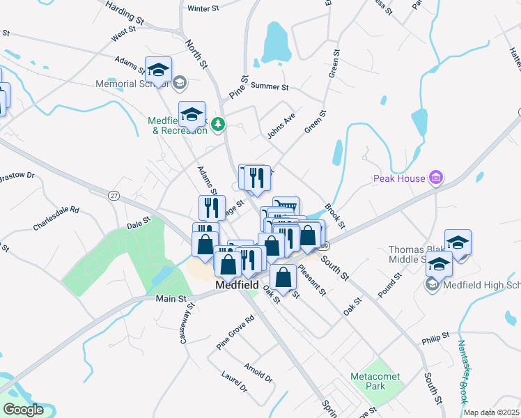 map of restaurants, bars, coffee shops, grocery stores, and more near 61 North Street in Medfield