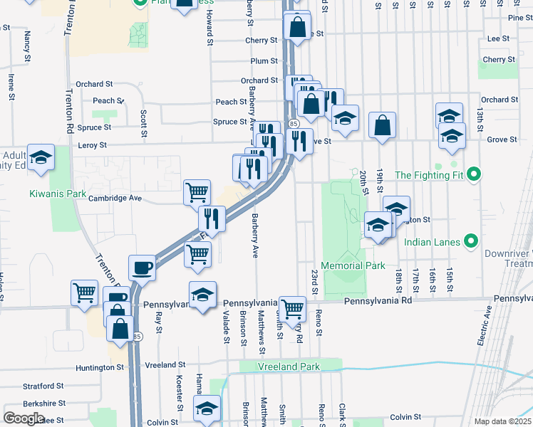 map of restaurants, bars, coffee shops, grocery stores, and more near 16335 Barberry Street in Southgate