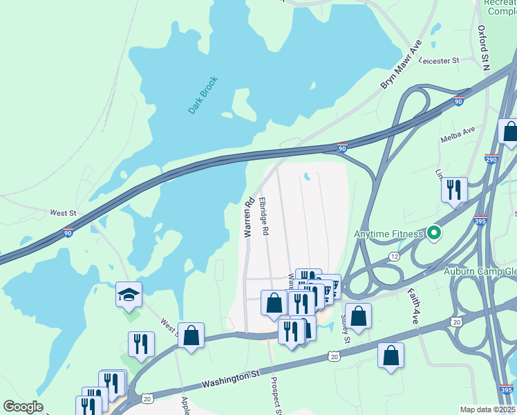 map of restaurants, bars, coffee shops, grocery stores, and more near 44 Warren Road in Auburn